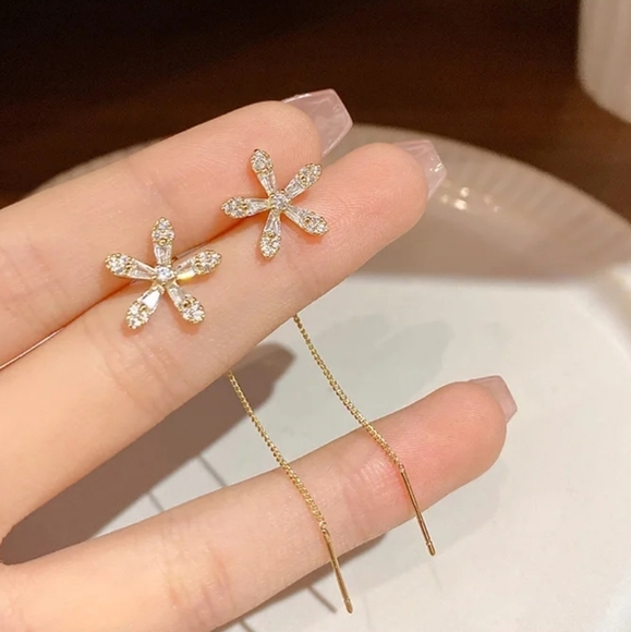 Gold Flower Thread Dangle Earrings - Picture 5 of 5